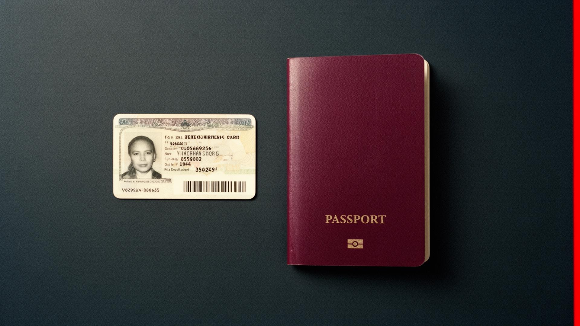Flat-lay of a foreign residency card next to a burgundy passport on a dark surface