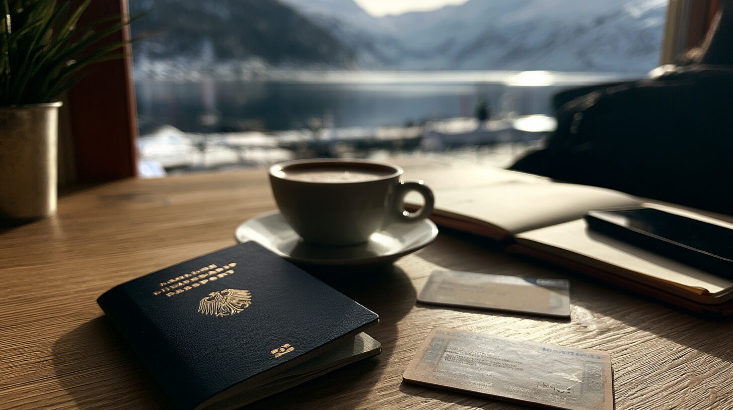 A dark passport resting on a wooden café table next to a coffee cup and ID cards, with a snowy lake and mountains framed in the window beyond