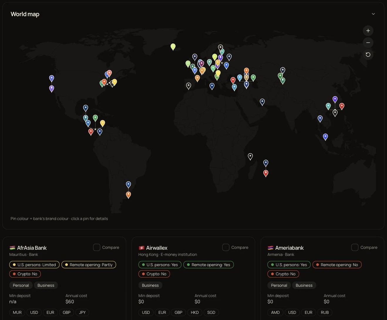 World map of banks and money accounts you can open as a non-resident, with the first three bank cards