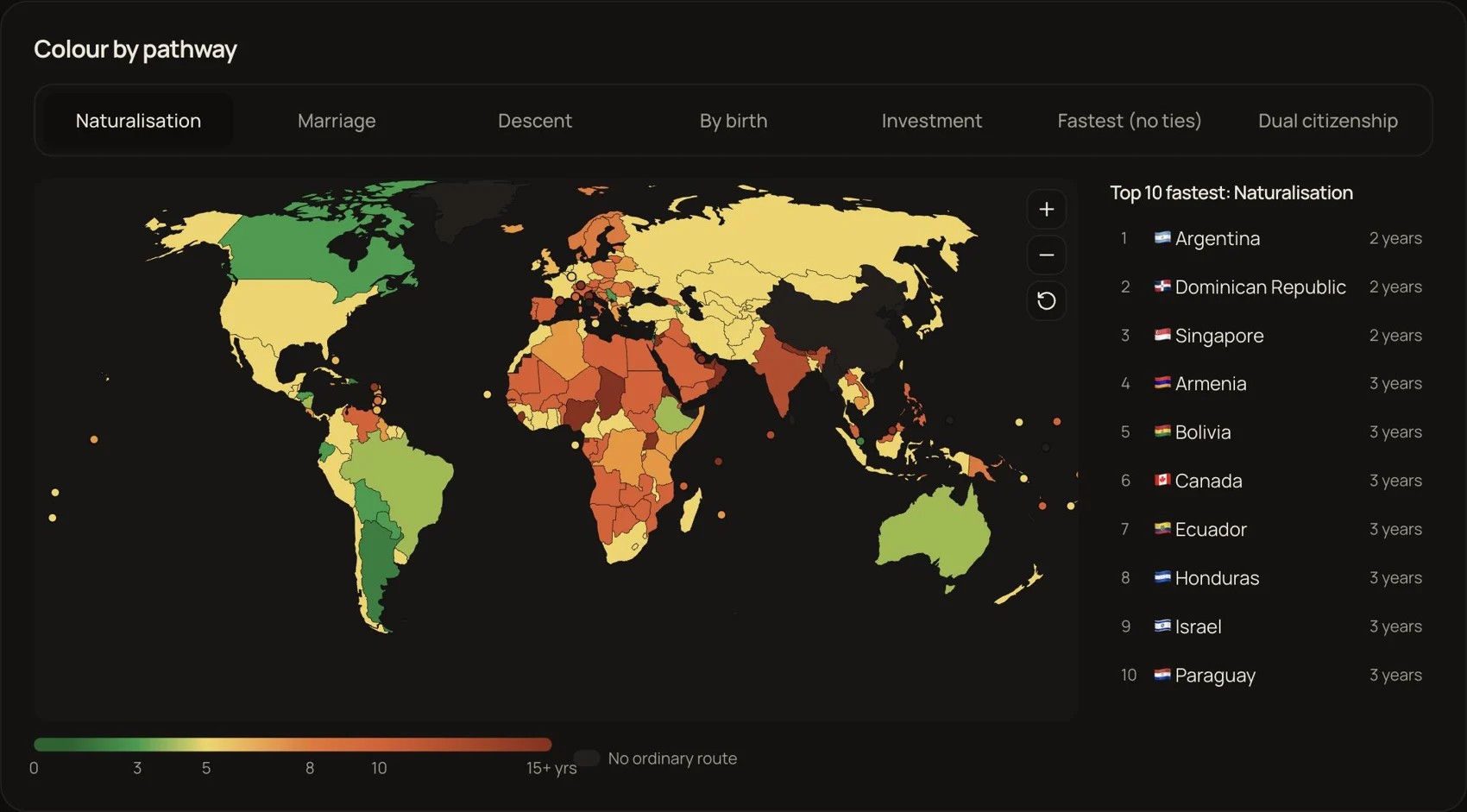 Citizenship Paths world map coloured by years to citizenship, with the ten fastest countries listed