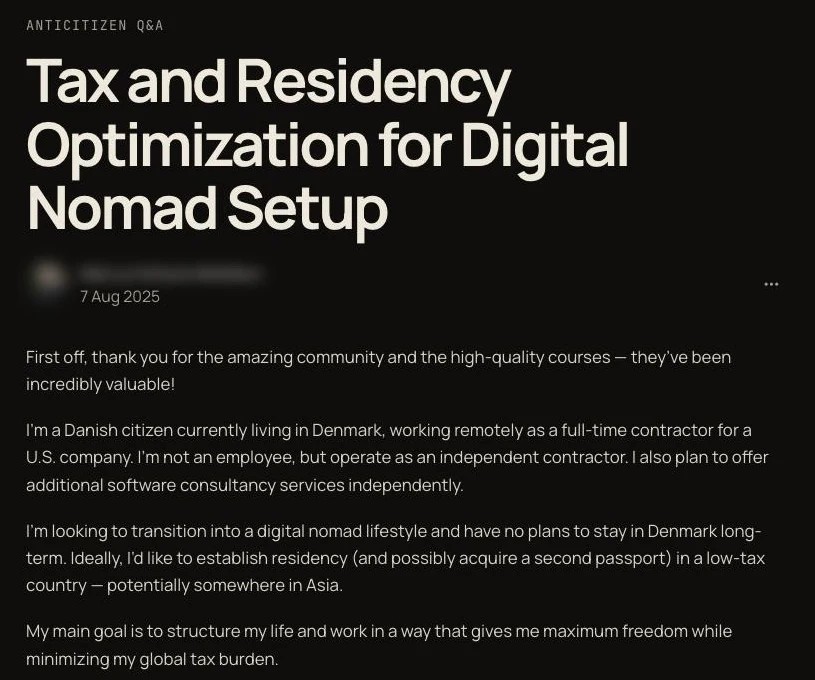 A member question in Anticitizen Q&A about tax and residency as a digital nomad